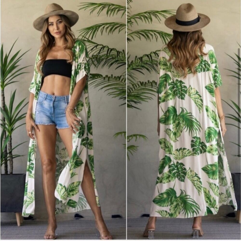 Women's Resort Wear Beach Swimsuit Cover Up Kimono in Tropical Leaves